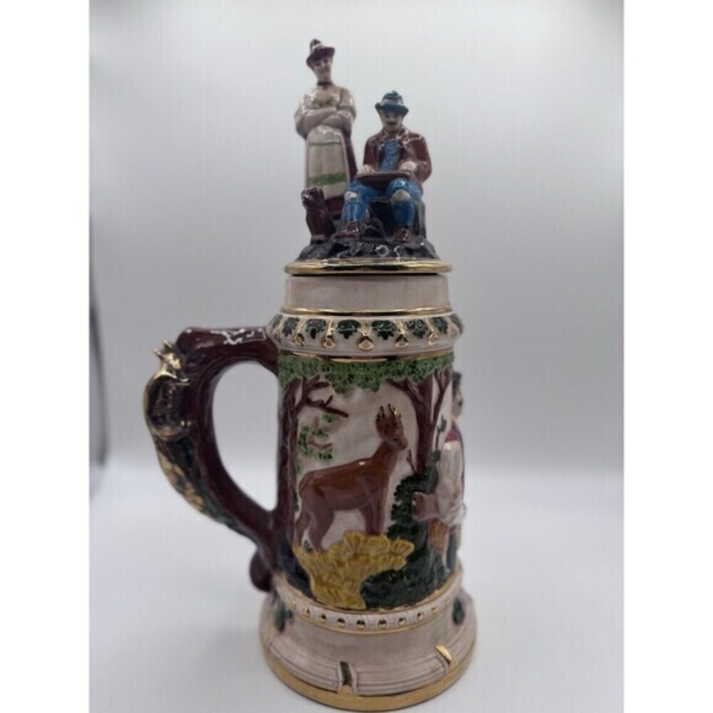 VINTAGE GERMAN LITER STEIN WITH HINGED FIGURAL LID FOLK ART